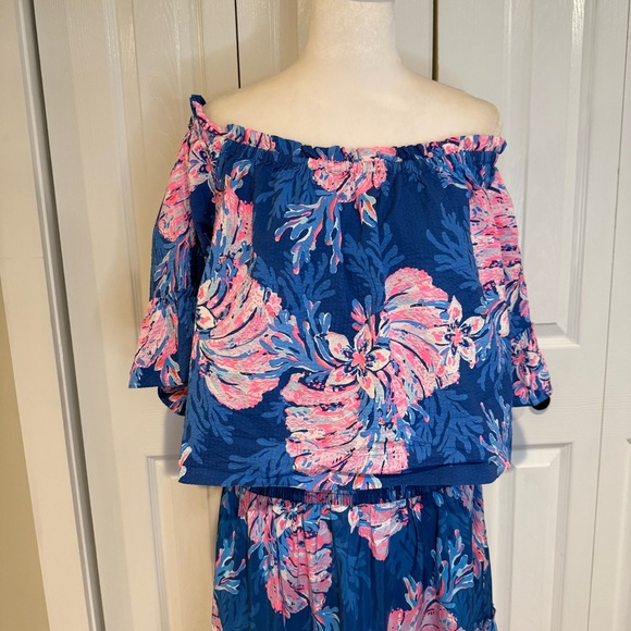 Lilly Pulitzer, 2 Piece Set Croix Top & Deavan Midi Skirt Blue Pink, Size L - Picture 3 of 15